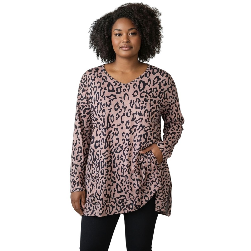 Maysoar Women's XL Beige Black‎ Leopard Print V Neck Long Sleeve Tunic  Pockets